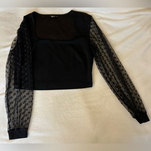 Black Polka Dot Mesh Sleeves Crop Top